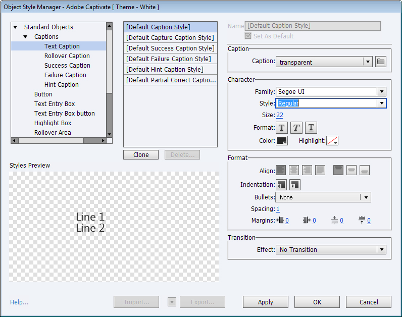 Captivate object style manager dialog box
